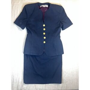 Noviello Bloom Suit Skirt Suite Navy Vintage Size 4 Gold Buttons Quilted Career